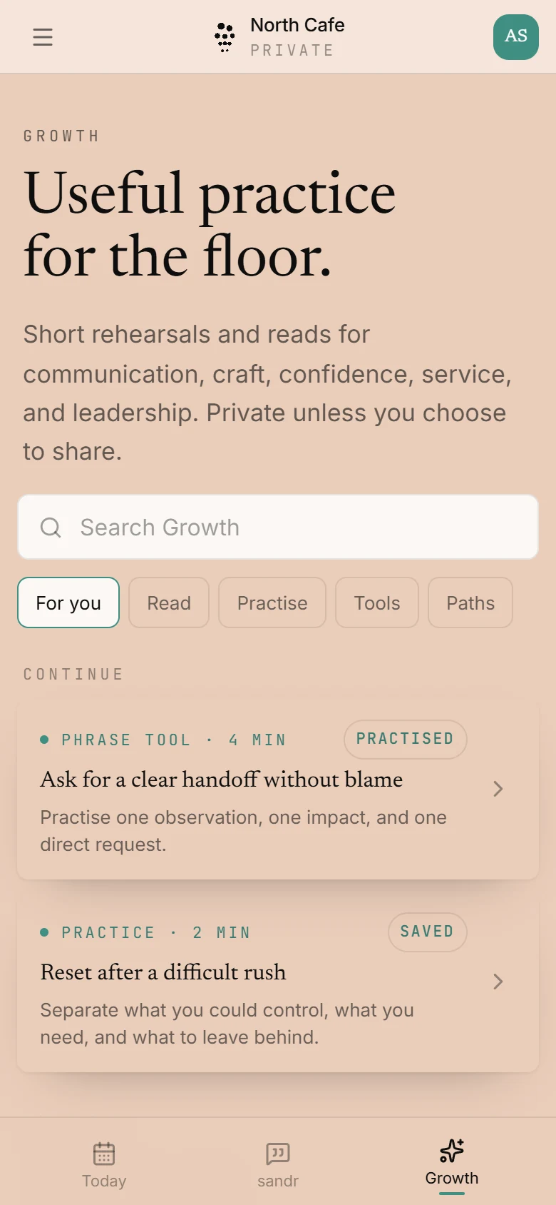 Private Frontline Growth screen with practice for communication and confidence