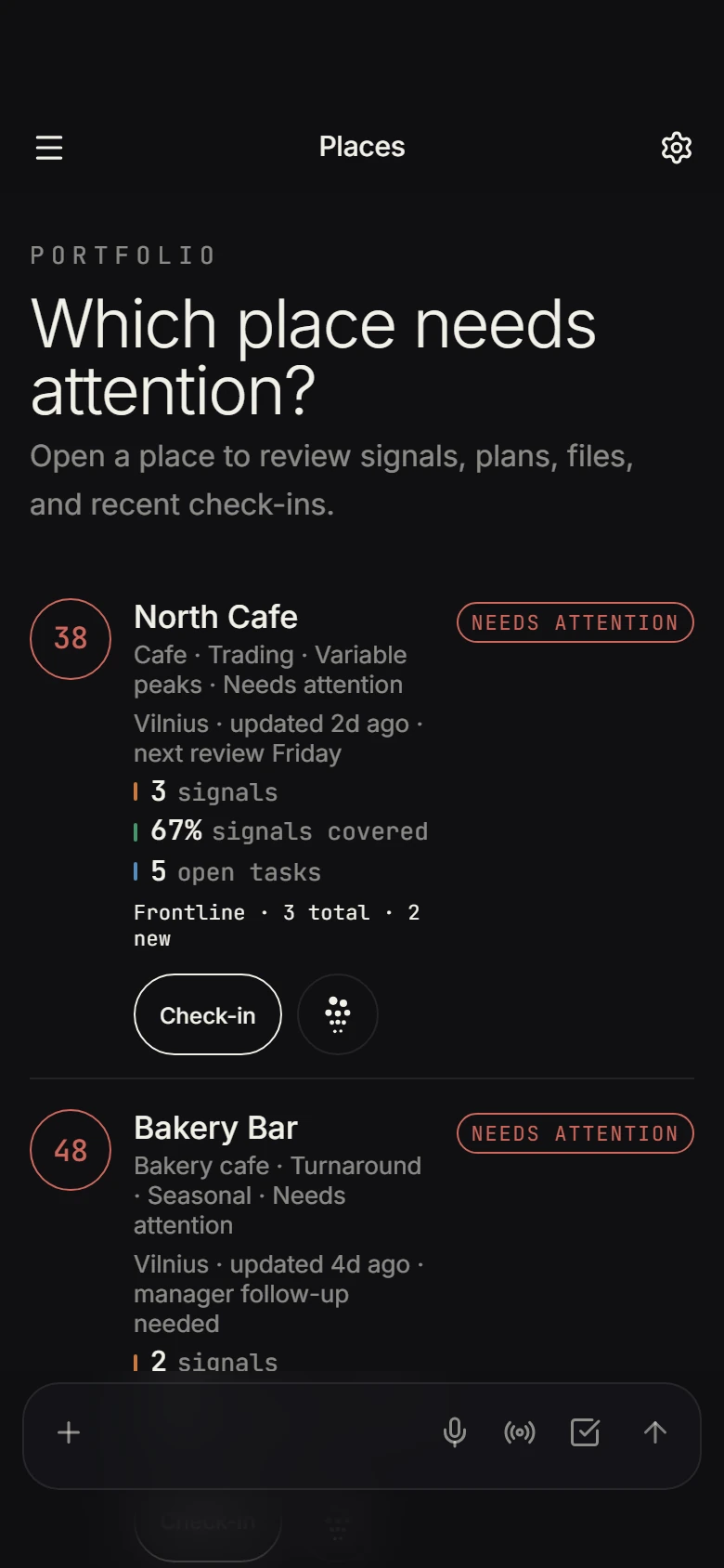 Places portfolio comparing venue health and current activity in dark mode