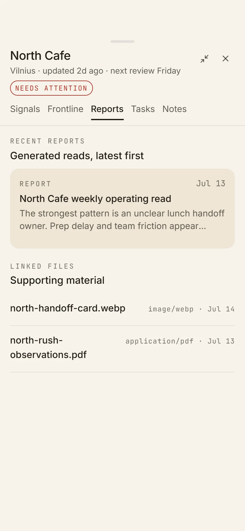 North Cafe reports and supporting files attached to the venue