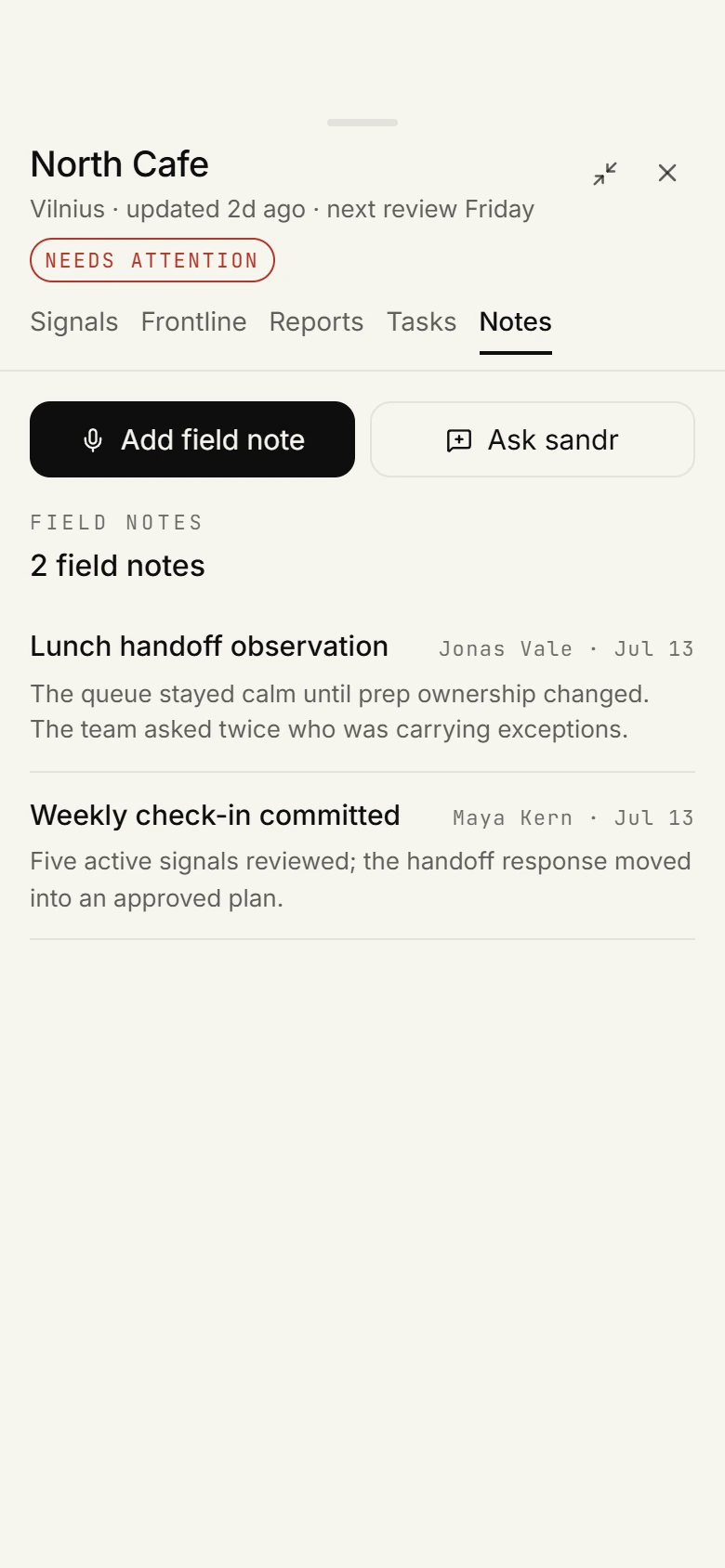 North Cafe field notes preserving earlier observations and decisions