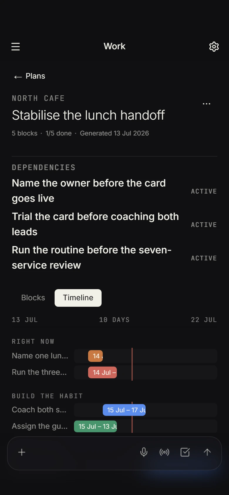 Work plan with owners, dependencies, dates, and proof in dark mode