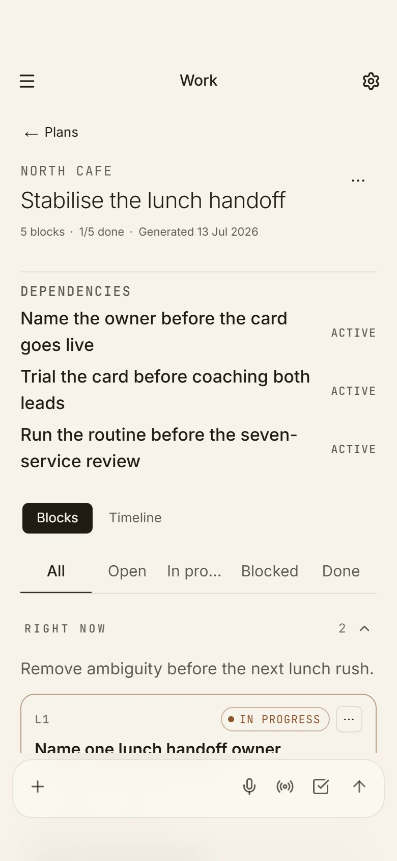 Work plan keeping the lunch handoff response and its dependencies together